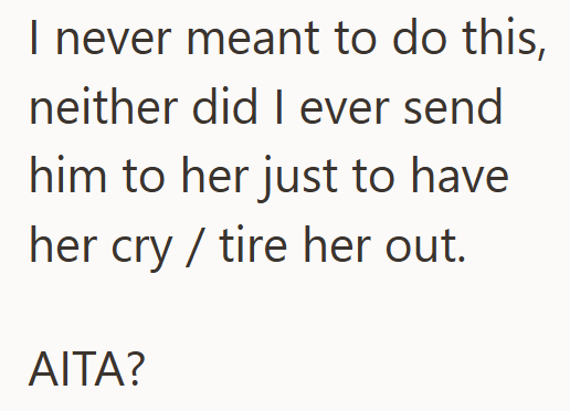 I never meant to do this, neither did I ever send him to her just to have her cry / tire her out. AITA?