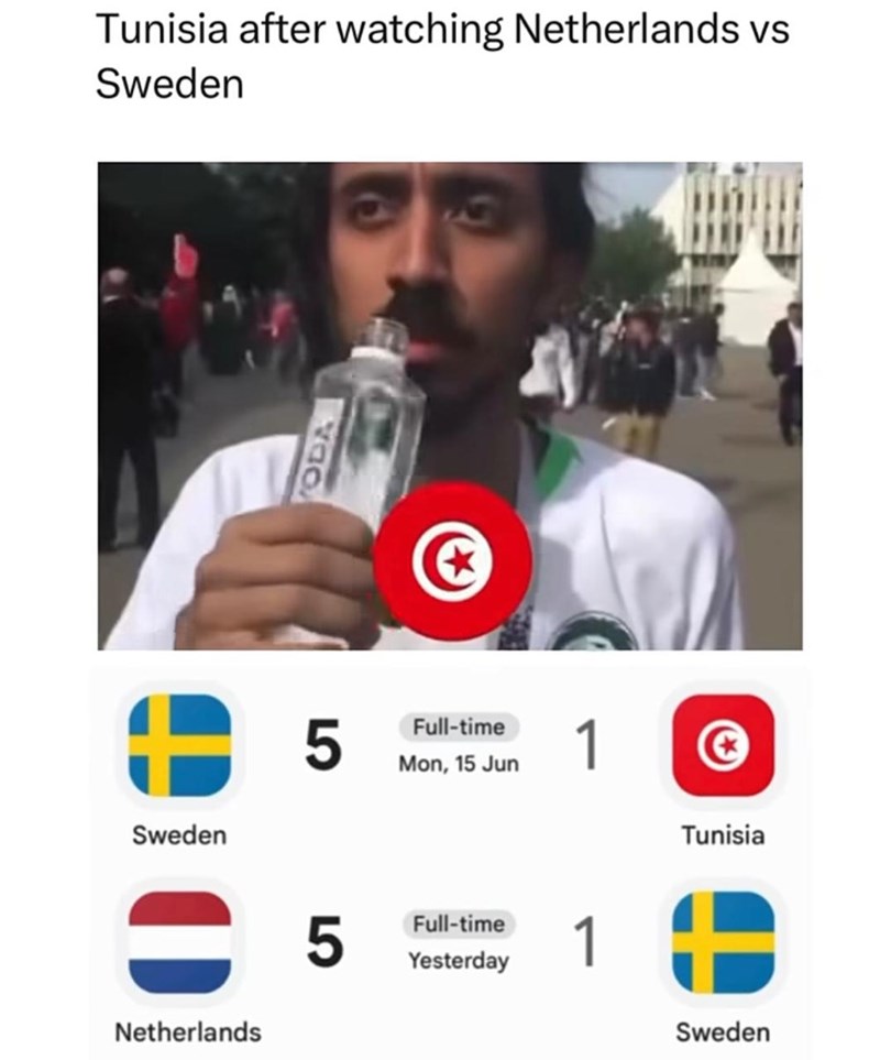 Tunisia after watching Netherlands vs Sweden Sweden 607 Netherlands 5 Full-time Mon, 15 Jun 1 5 Full-time 1 Yesterday Tunisia Sweden