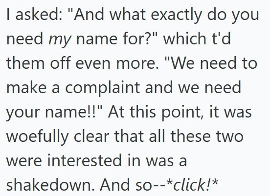 I asked: "And what exactly do you need my name for?" which t'd them off even more. "We need to make a complaint and we need your name!!" At this point, it was woefully clear that all these two were interested in was a shakedown. And so--*click!*