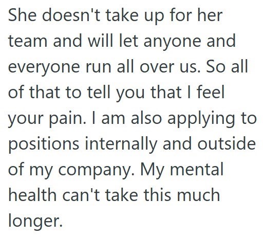 She doesn't take up for her team and will let anyone and everyone run all over us. So all of that to tell you that I feel your pain. I am also applying to positions internally and outside of my company. My mental health can't take this much longer.