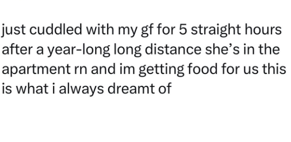 just cuddled with my gf for 5 straight hours after a year-long long distance she's in the apartment rn and im getting food for us this is what i always dreamt of
