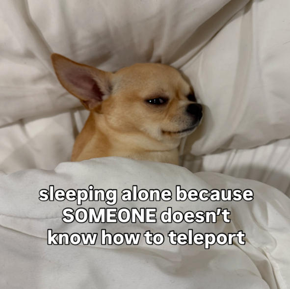 sleeping alone because SOMEONE doesn't know how to teleport