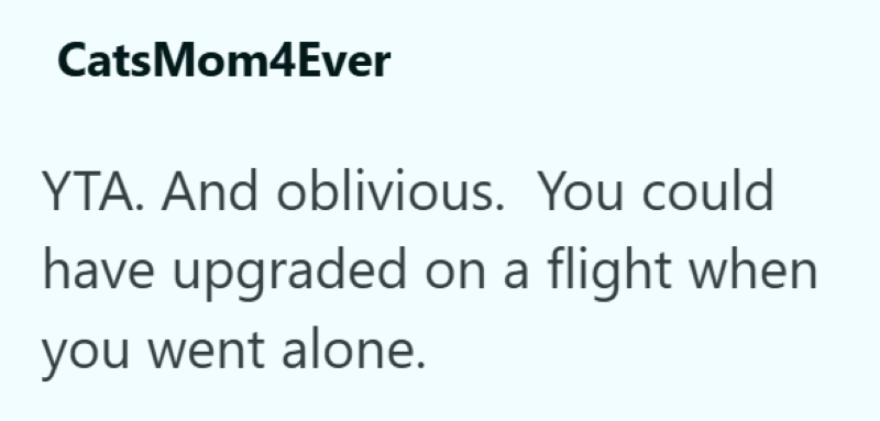 CatsMom4Ever YTA. And oblivious. You could have upgraded on a flight when you went alone.