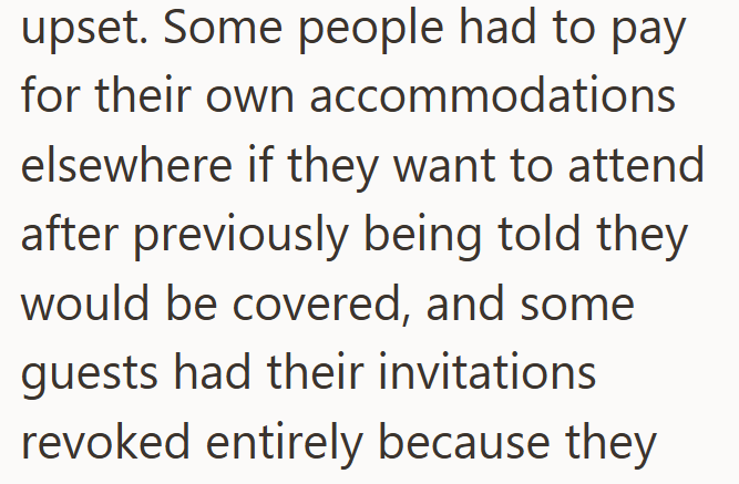 upset. Some people had to pay for their own accommodations elsewhere if they want to attend after previously being told they would be covered, and some guests had their invitations revoked entirely because they