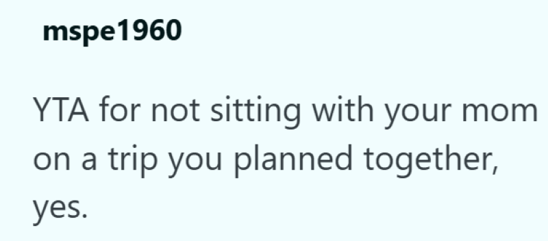 mspe1960 YTA for not sitting with your mom on a trip you planned together, yes.
