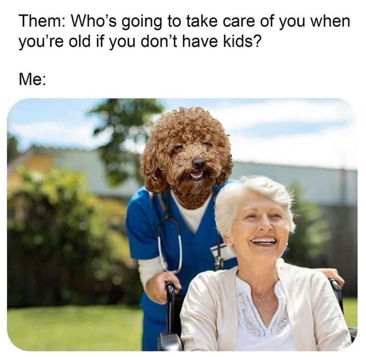 Them: Who's going to take care of you when you're old if you don't have kids? Me: