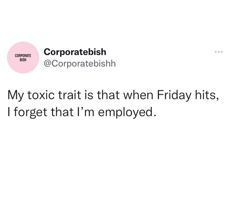 Corporatebish CORPORATE BISH @Corporatebishh My toxic trait is that when Friday hits, I forget that I'm employed.