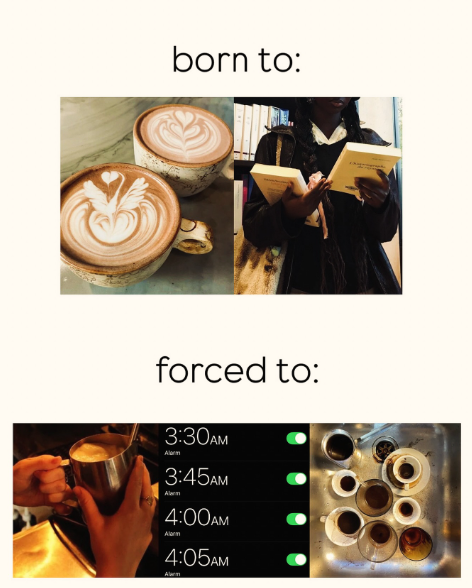 born to: forced to: 3:30AM Alarm 3:45AM Alarm 4:00AM 4:05AM