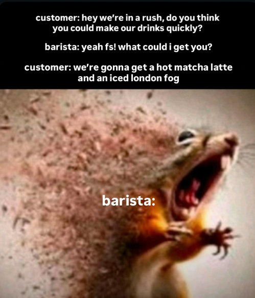 customer: hey we're in a rush, do you think you could make our drinks quickly? barista: yeah fs! what could i get you? customer: we're gonna get a hot matcha latte and an iced london fog barista: