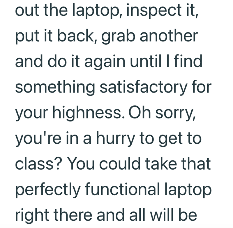 out the laptop, inspect it, put it back, grab another and do it again until I find something satisfactory for your highness. Oh sorry, you're in a hurry to get to class? You could take that perfectly functional laptop right there and all will be