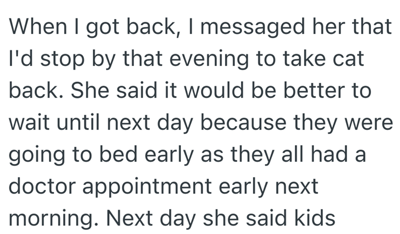 When I got back, I messaged her that I'd stop by that evening to take cat back. She said it would be better to wait until next day because they were going to bed early as they all had a doctor appointment early next morning. Next day she said kids