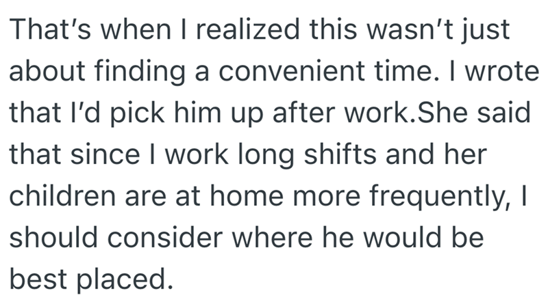 That's when I realized this wasn't just about finding a convenient time. I wrote that I'd pick him up after work. She said that since I work long shifts and her children are at home more frequently, I should consider where he would be best placed.