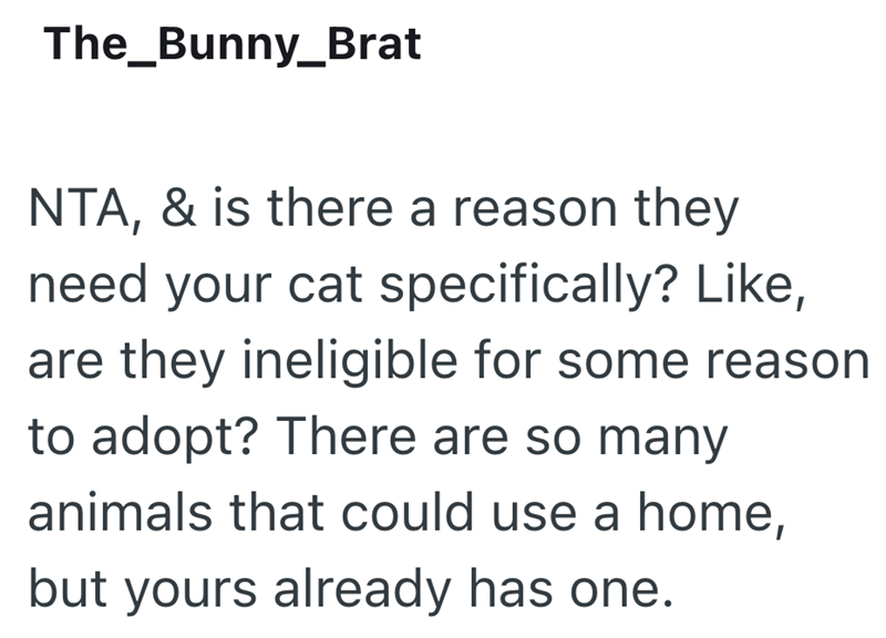 The_Bunny_Brat NTA, & is there a reason they need your cat specifically? Like, are they ineligible for some reason to adopt? There are so many animals that could use a home, but yours already has one.