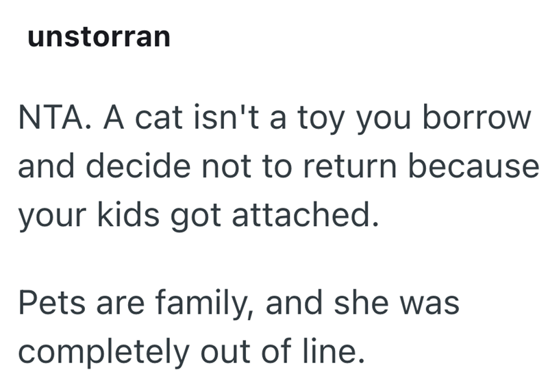 unstorran NTA. A cat isn't a toy you borrow and decide not to return because your kids got attached. Pets are family, and she was completely out of line.