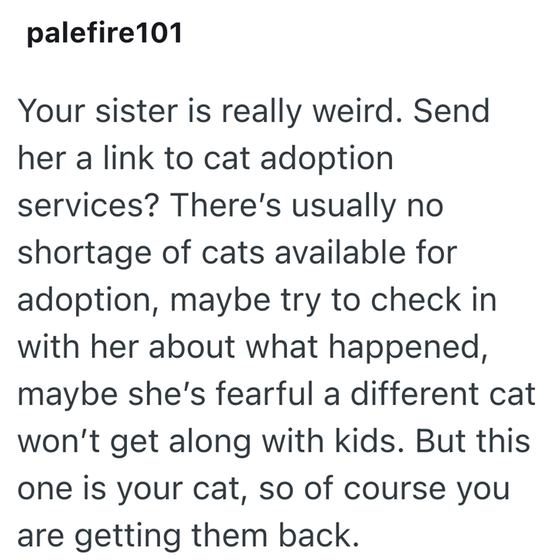 palefire101 Your sister is really weird. Send her a link to cat adoption services? There's usually no shortage of cats available for adoption, maybe try to check in with her about what happened, maybe she's fearful a different cat won't get along with kids. But this one is your cat, so of course you are getting them back.