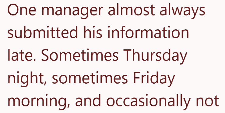 One manager almost always submitted his information late. Sometimes Thursday night, sometimes Friday morning, and occasionally not