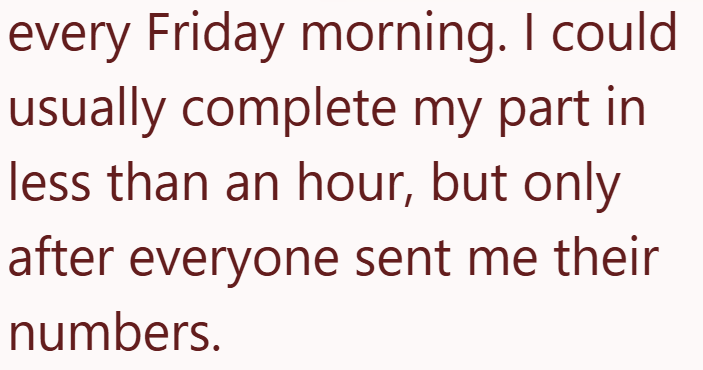 every Friday morning. I could usually complete my part in less than an hour, but only after everyone sent me their numbers.