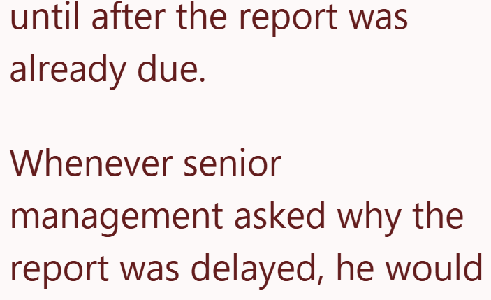 until after the report was already due. Whenever senior management asked why the report was delayed, he would