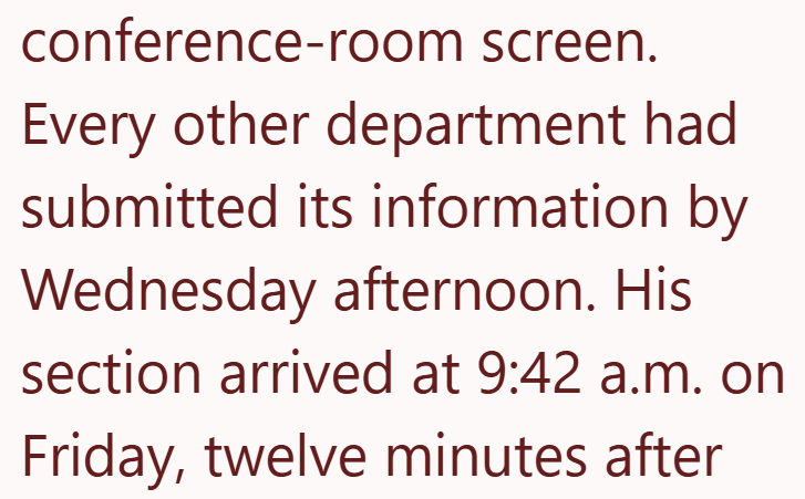 conference-room screen. Every other department had submitted its information by Wednesday afternoon. His section arrived at 9:42 a.m. on Friday, twelve minutes after