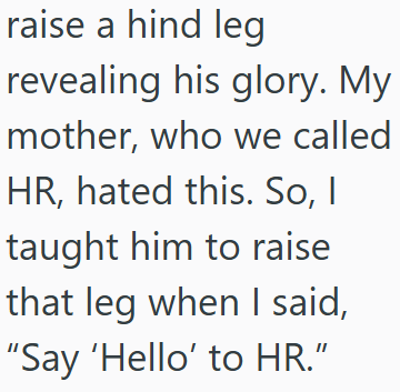 raise a hind leg revealing his glory. My mother, who we called HR, hated this. So, I taught him to raise that leg when I said, "Say 'Hello' to HR."