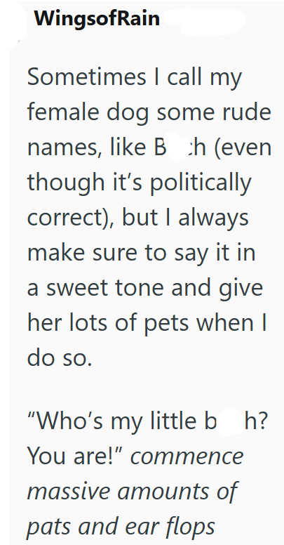 WingsofRain Sometimes I call my female dog some rude names, like Bch (even though it's politically correct), but I always make sure to say it in a sweet tone and give her lots of pets when I do so. "Who's my little bh? You are!" commence massive amounts of pats and ear flops