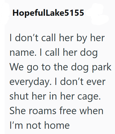 HopefulLake5155 I don't call her by her name. I call her dog We go to the dog park everyday. I don't ever shut her in her cage. She roams free when I'm not home