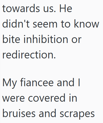 towards us. He didn't seem to know bite inhibition or redirection. My fiancee and I were covered in bruises and scrapes