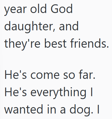 year old God daughter, and they're best friends. He's come so far. He's everything I wanted in a dog. I