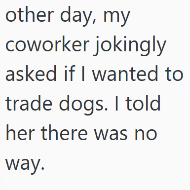 other day, my coworker jokingly asked if I wanted to trade dogs. I told her there was no way.