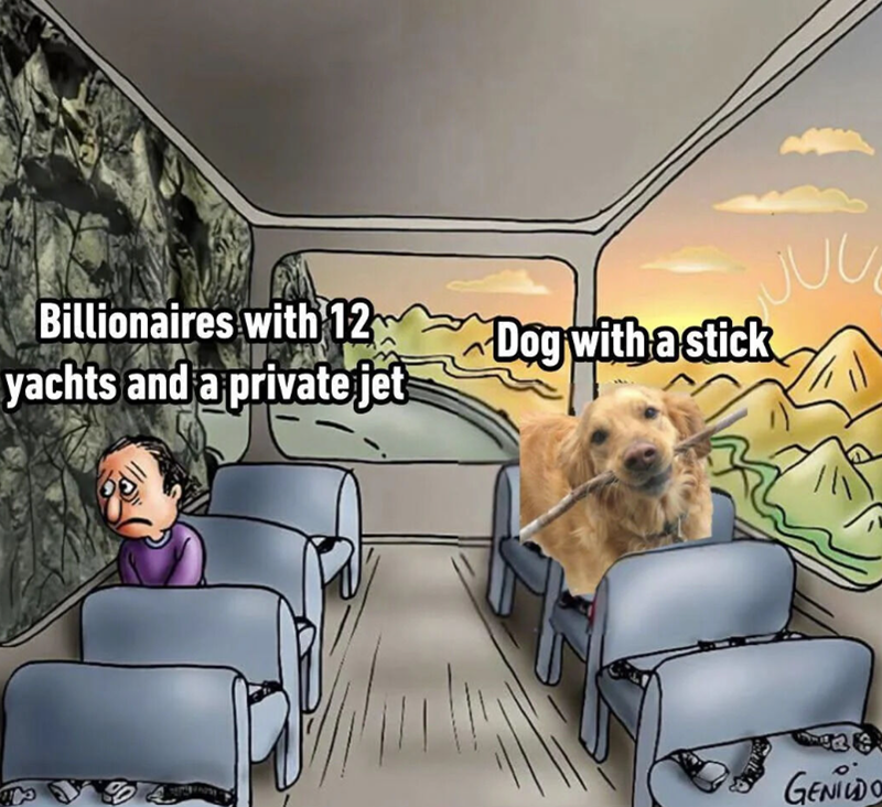 Billionaires with 12 yachts and a private jet JUL Dog with a stick GENILDO
