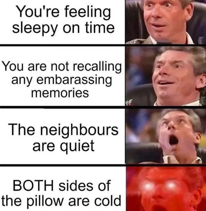 You're feeling sleepy on time You are not recalling any embarassing memories The neighbours are quiet BOTH sides of the pillow are cold F