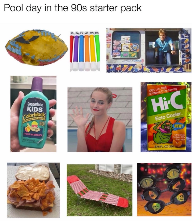 Pool day in the 90s starter pack Coppertone KIDS Colorblock 30 HOUR WATERPROOF 10 20 30 40 50 60 100% U.S. RDA of Vitamin C Per Serving Hi-C Ecto Cooler. 57 NEW! Citrus Drink Contains 10% Fruit Juice 8.45 FL OZ (250 mL)