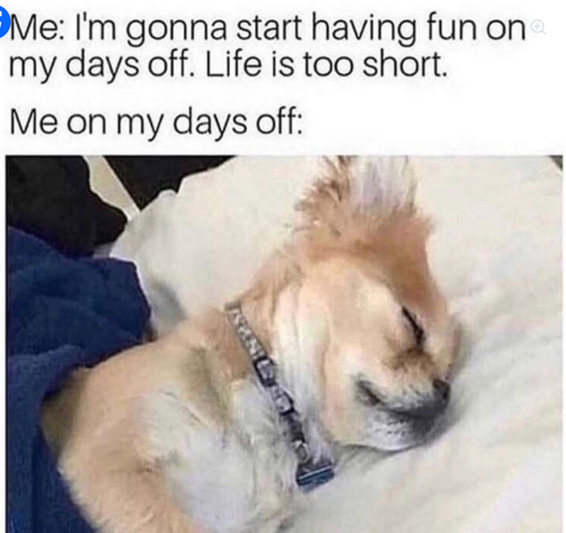 Me: I'm gonna start having fun on my days off. Life is too short. Me on my days off: