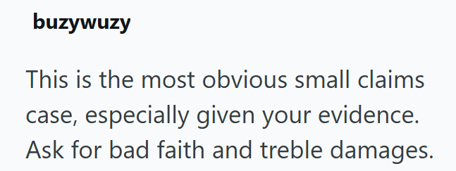 buzywuzy This is the most obvious small claims case, especially given your evidence. Ask for bad faith and treble damages.
