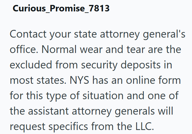 Curious_Promise_7813 Contact your state attorney general's office. Normal wear and tear are the excluded from security deposits in most states. NYS has an online form for this type of situation and one of the assistant attorney generals will request specifics from the LLC.