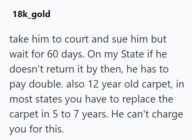 18k_gold take him to court and sue him but wait for 60 days. On my State if he doesn't return it by then, he has to pay double. also 12 year old carpet, in most states you have to replace the carpet in 5 to 7 years. He can't charge you for this.