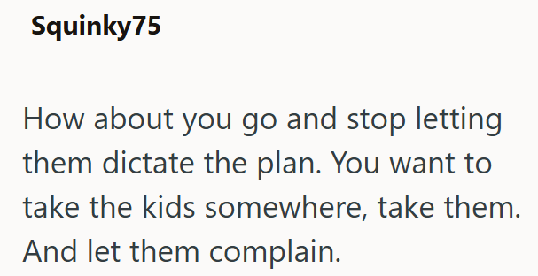 Squinky75 How about you go and stop letting them dictate the plan. You want to take the kids somewhere, take them. And let them complain.