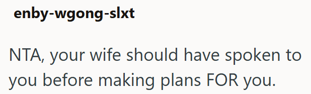 enby-wgong-slxt NTA, your wife should have spoken to you before making plans FOR you.