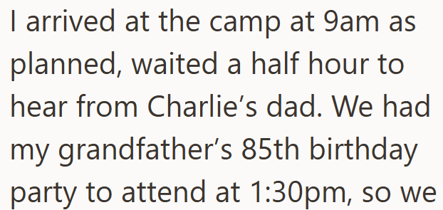I arrived at the camp at 9am as planned, waited a half hour to hear from Charlie's dad. We had my grandfather's 85th birthday party to attend at 1:30pm, so we