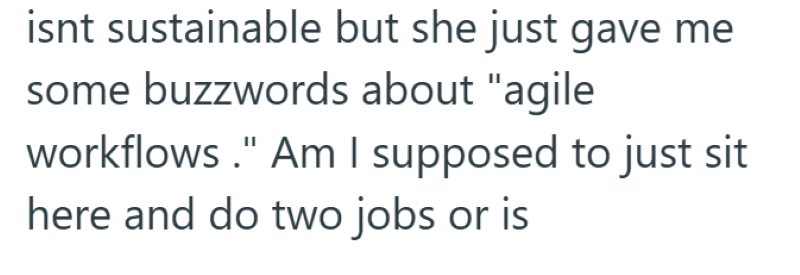 isnt sustainable but she just gave me some buzzwords about "agile workflows." Am I supposed to just sit here and do two jobs or is