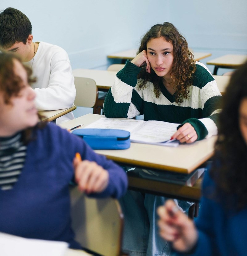 A high school student sits in class looking bored as the other students chat around her. 
