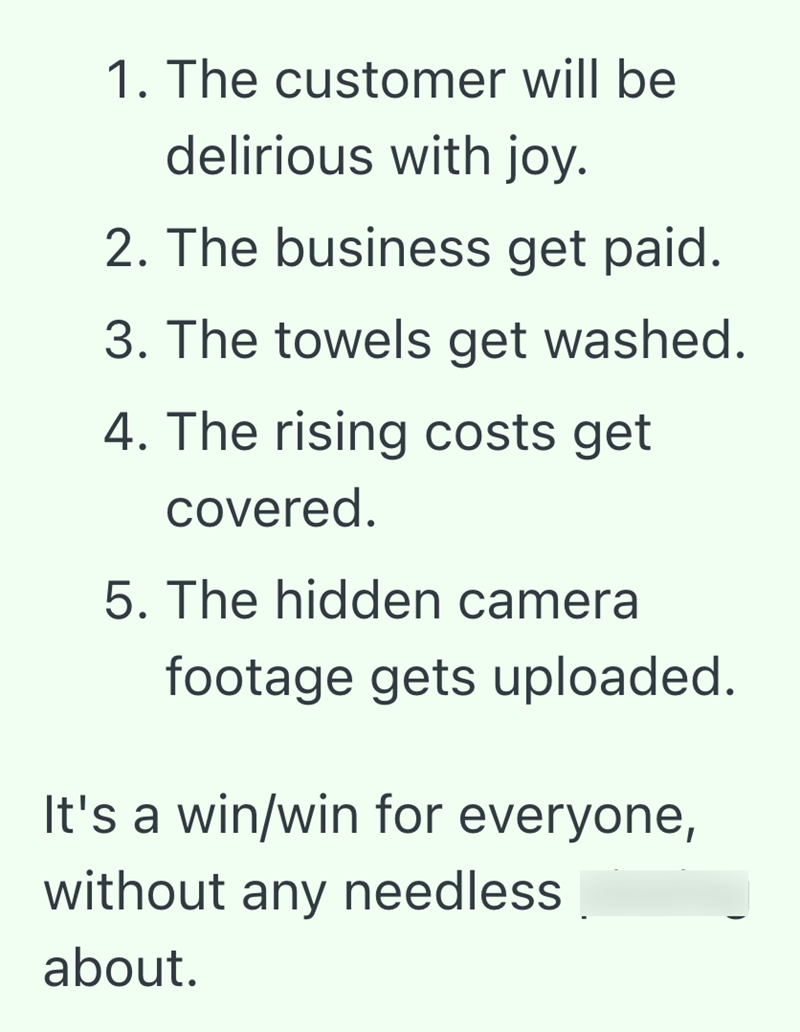 1. The customer will be delirious with joy. 2. The business get paid. 3. The towels get washed. 4. The rising costs get covered. 5. The hidden camera footage gets uploaded. It's a win/win for everyone, without any needless about.