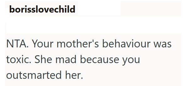 borisslovechild NTA. Your mother's behaviour was toxic. She mad because you outsmarted her.