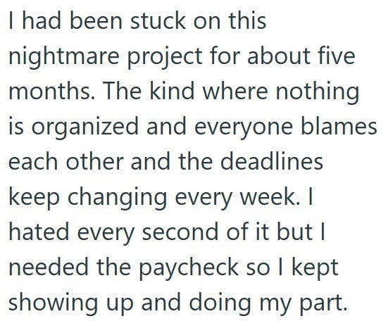 I had been stuck on this nightmare project for about five months. The kind where nothing is organized and everyone blames each other and the deadlines keep changing every week. I hated every second of it but I needed the paycheck so I kept showing up and doing my part.