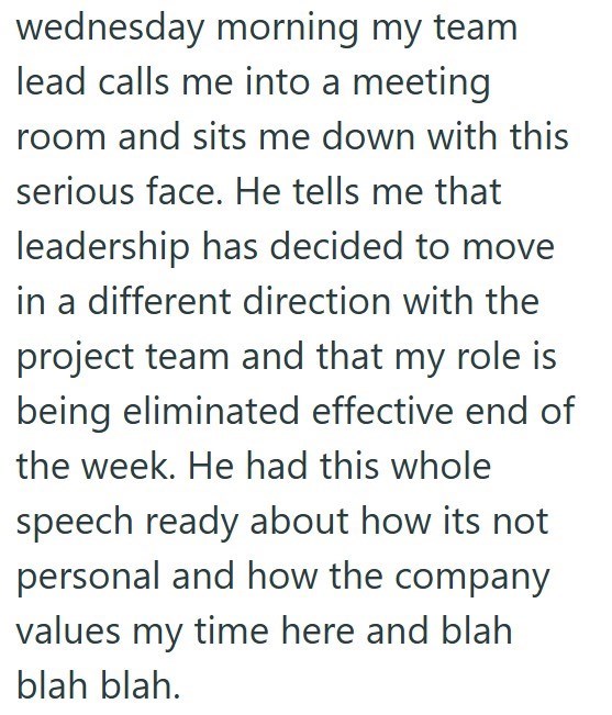 wednesday morning my team lead calls me into a meeting room and sits me down with this serious face. He tells me that leadership has decided to move in a different direction with the project team and that my role is being eliminated effective end of the week. He had this whole speech ready about how its not personal and how the company values my time here and blah blah blah.