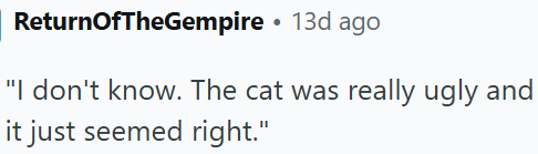 ReturnOfTheGempire 13d ago "I don't know. The cat was really ugly and it just seemed right."