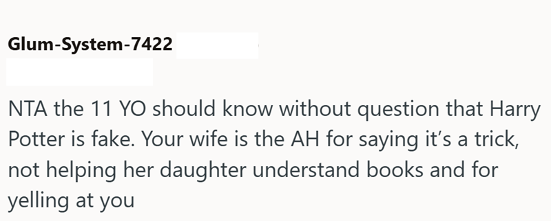 Glum-System-7422 NTA the 11 YO should know without question that Harry Potter is fake. Your wife is the AH for saying it's a trick, not helping her daughter understand books and for yelling at you