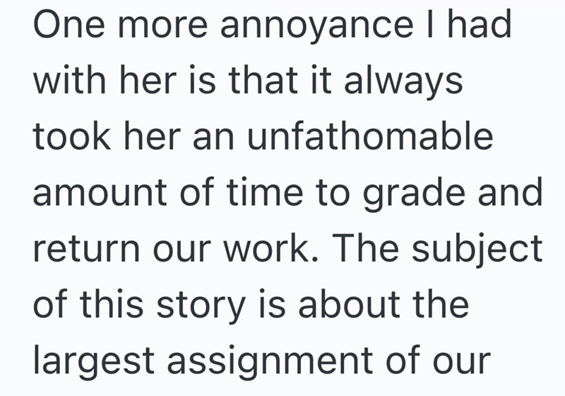 One more annoyance I had with her is that it always took her an unfathomable amount of time to grade and return our work. The subject of this story is about the largest assignment of our
