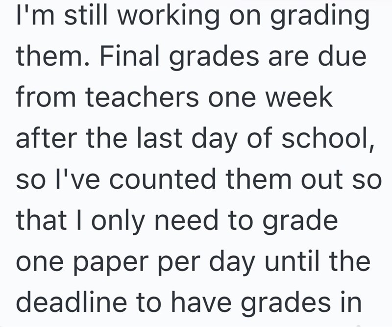 I'm still working on grading them. Final grades are due from teachers one week after the last day of school, so I've counted them out so that I only need to grade one paper per day until the deadline to have grades in