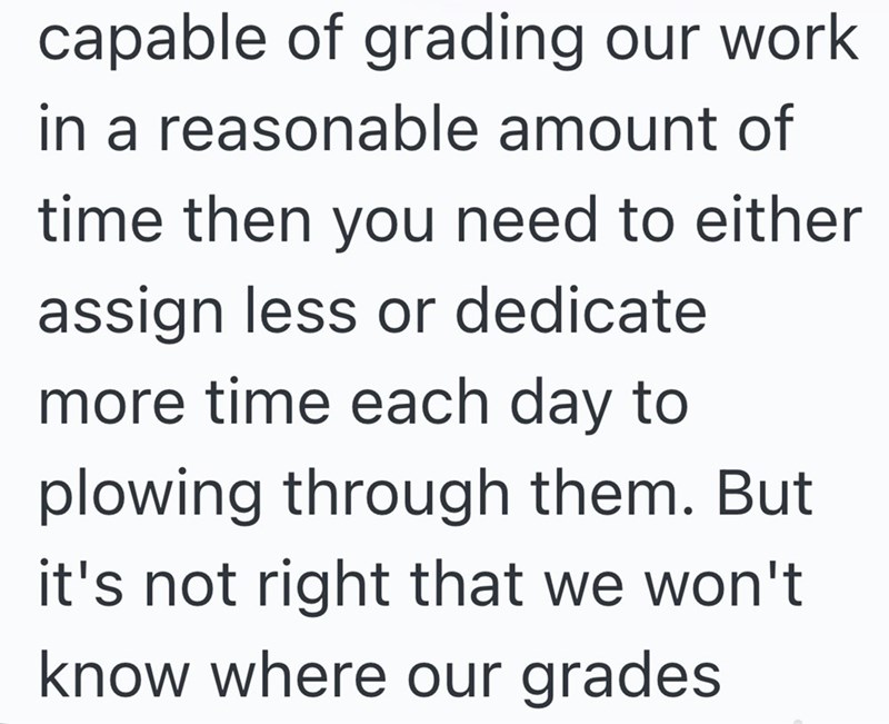capable of grading our work in a reasonable amount of time then you need to either assign less or dedicate more time each day to plowing through them. But it's not right that we won't know where our grades